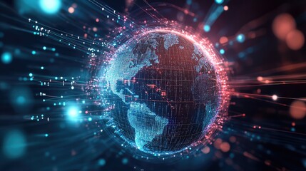 Obraz premium A stylized glowing globe surrounded by rotating binary streams and connection nodes, side view, showing the interplay of global data exchange, cybernetic tone, colored pastel
