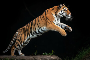 A majestic tiger leaps gracefully against a dark background, showcasing its powerful physique and striking orange and black stripes.