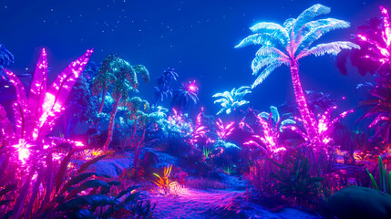 Fototapeta premium Futuristic wilderness at night, where glowing bioluminescent plants and vibrant neon creatures thrive in a dazzling