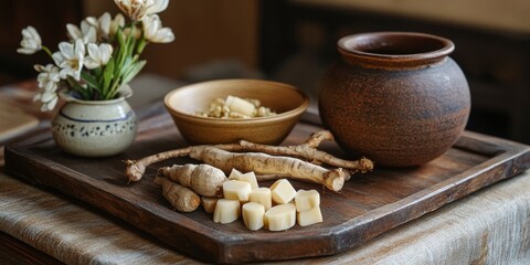 A wooden tray features Angelica root alongside a bowl of herbal medicine, an earthen pot, and cubed Poria cocos. This composition showcases medicine for preventing oxidative stress and hormone