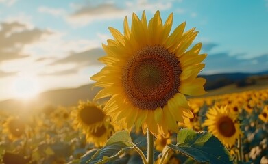 Obraz premium Vibrant sunflower in a field at sunset.