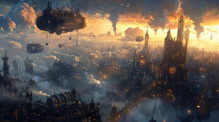 Steampunk City with Steam-Powered Airships in Twilight Sky