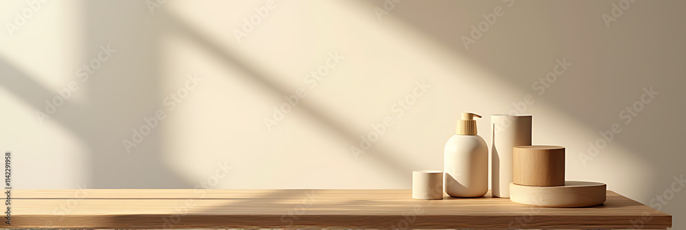 Poster Minimalist wood table top serves as a versatile background for product display and visual layouts in design montages._00003_
