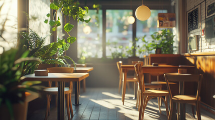 A cozy cafe interior with wooden tables and chairs, soft lighting, and potted plants creating a warm and inviting atmosphere. Ai generated (1)