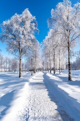 Obraz premium Snow-covered pathway lined with frosted trees under a clear blue sky on a winter day. Generative AI