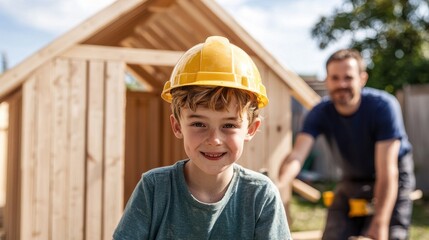 Community Focused. A smiling boy in a hard hat, helping with a wooden playhouse construction.