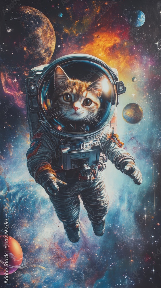 Poster curious cat astronaut exploring the vast universe