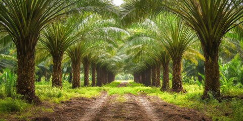 Oil palm trees thriving in a lush plantation showcase the growth and cultivation of oil palm trees, highlighting their importance in sustainable agriculture and the global economy.