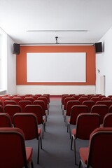 Fototapeta premium The theater is empty and filled with red chairs. The seats are arranged in rows, and the walls are painted orange. The theater is a large, empty space with a red color theme