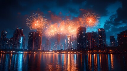 Fototapeta premium fireworks over the river in the city