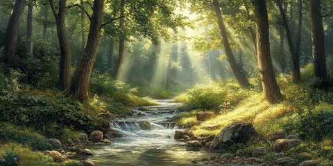 Enchanting panoramic forest scenery showcases soft light filtering through the foliage, creating an ambiance of tranquility as a serene stream flows gently within the enchanting forest scenery.