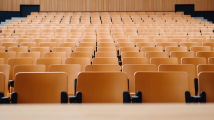 Empty Auditorium with Rows of Wooden Chairs and Minimalistic Design Ideal for Educational Settings