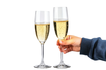 Two champagne glasses clinking isolated on white background