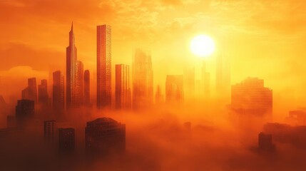 Fototapeta premium An image of a city skyline enveloped in thick smog and haze, with a bright sun above, highlighting the pollution crisis exacerbated by global warming and urban development.