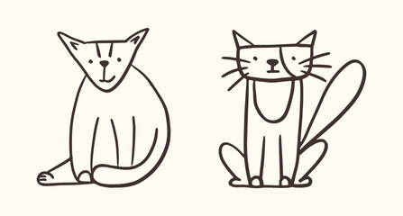 Funny doodle cats. Pets line art vector illustration