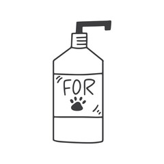 Fototapeta premium Shampoo or gel for washing pets, dogs or cats. Doodle vector illustration.