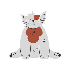 Funny hand draw kitten. Cute gray cat with spots sits with his hind legs spread out. Vector illustration