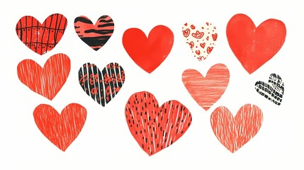 Collection of Colorful Red Hearts with Various Patterns and Designs for Creative Projects and Romantic Themes in Vibrant Artistic Style
