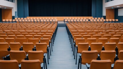 Spacious auditorium with rows of empty orange seats and dark stage ready for an event or performance setup