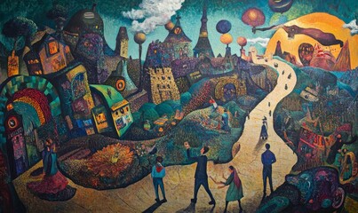 Whimsical town, winding path, figures exploring.