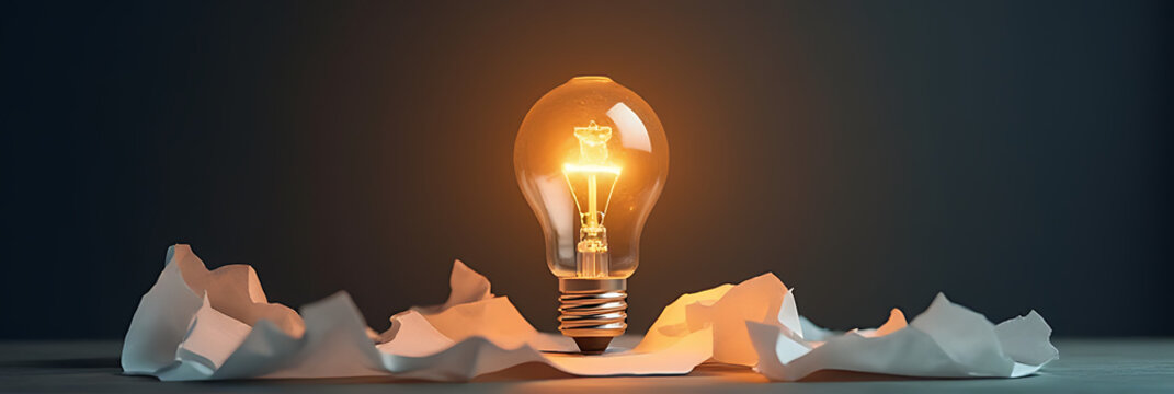 Idea and creativity spark with a glowing lightbulb and crumpled paper, while considering innovative business solutions in a thought process._00002_