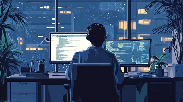 Flat vector style of a software engineer debugging code in an office.