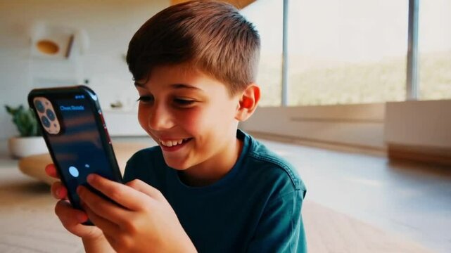 Smiling boy using system AI Chatbot on mobile application