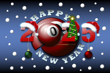 Fototapeta premium Happy new year. 2025 with billiard ball. Numbers in Christmas hats and Christmas tree balls. Original template design for greeting card. Vector illustration on isolated background