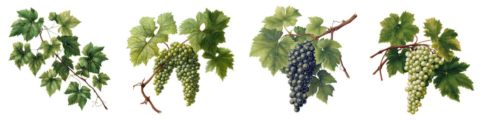 Obraz premium Green Grapes Clusters Hanging on Vine Branches in Vineyard Landscape