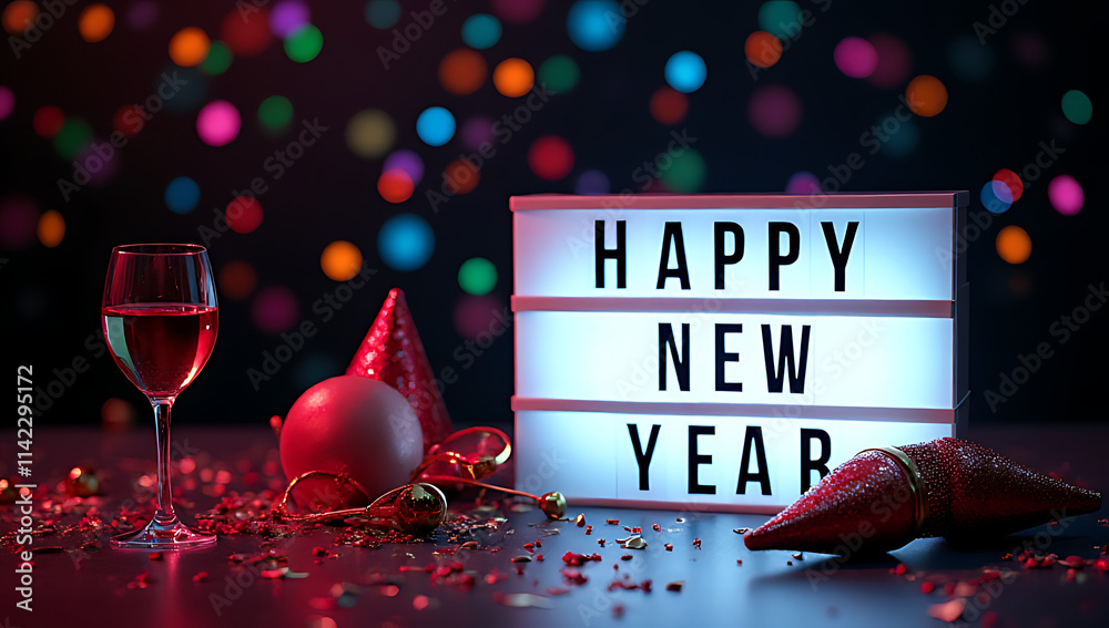 Poster Happy new year celebration concepts feature colorful party props on a dark background with text displayed on a cinema light box._00003_
