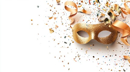 Naklejka premium New year 2025 celebration nightlife. A golden masquerade mask surrounded by confetti and ribbons, symbolizing celebration and mystery.