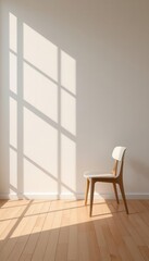Fototapeta premium Minimalist empty room with wooden chair, bright sunlight streaming through large windows