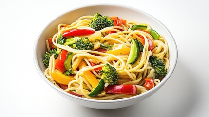 An inviting bowl of traditional Italian pasta primavera, filled with colorful vegetables and a light sauce, perfectly presented on a white backdrop to emphasize the dish's freshness.
