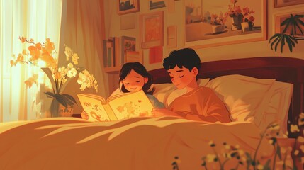 Brother and sister reading a book together in bed, bathed in warm sunlight.