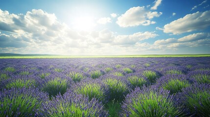 Fototapeta premium Vibrant lavender field under a dynamic cloudy sky at sunrise