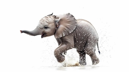 Fototapeta premium Playful Baby Elephant Splashing in Clear Water Amidst a White Background, Capturing Pure Joy and Natural Innocence in Nature's Wildlife Scene