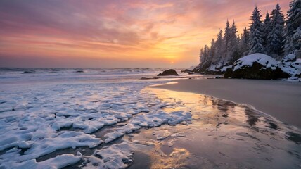 Serene Winter Solitude - Frozen Coastal Sunset