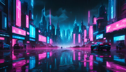 "Futuristic Cyberpunk City Skyline with Neon Blue and Pink Glow, Reflected on Wet Asphalt – High-Tech Digital Art"