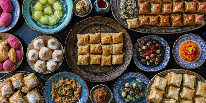 Baklava, rahat lukum, and halva are all traditional sweets that showcase exquisite flavors. This top view highlights the beauty of baklava, rahat lukum, and halva, perfect for enticing dessert lovers.
