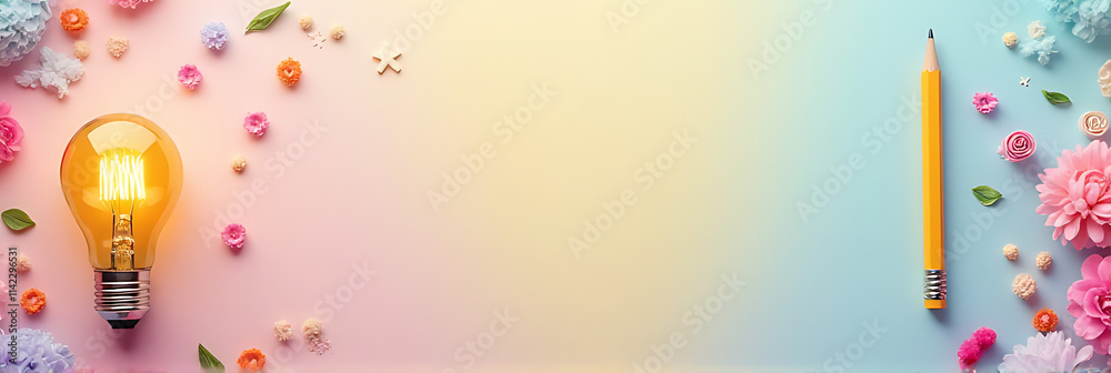 Poster flat lay design featuring a lightbulb and pencil surrounded by pastel colors for creative inspiratio