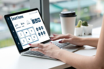 Smart home technology, centric remote control system with digital dashboard for air conditioning, safety security network or house automation. App software, ui panel programming IOT monitor snugly