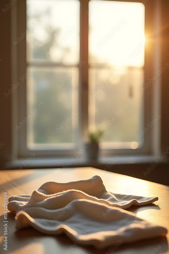 Poster fabric on a wooden table is visible through a blurred window against a bright morning light in the b