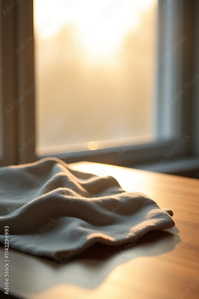 Poster fabric on a wooden table is visible through a blurred window against a bright morning light in the b