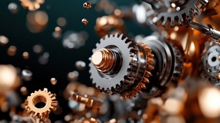 A harmonious arrangement of interlocking metallic gears, showcasing the intricacy and elegance of industrial design, representing unity and collaboration in mechanics.