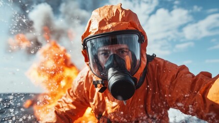 A brave individual in full protective attire takes center stage against a backdrop of fiery explosions, embodying readiness and determination in volatile environments.
