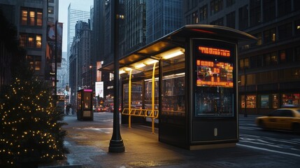 Illuminated bus shelter on a city street at night, with a decorated Christmas tree and blurred traffic.
