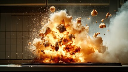 A fiery orange explosion erupts in a culinary setting, capturing the intensity and fiery passion of cooking, with intricate detail and dramatic lighting. Captivating view.