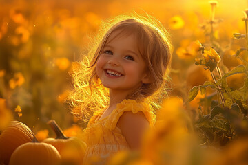Joyful Child in Pumpkin Field
