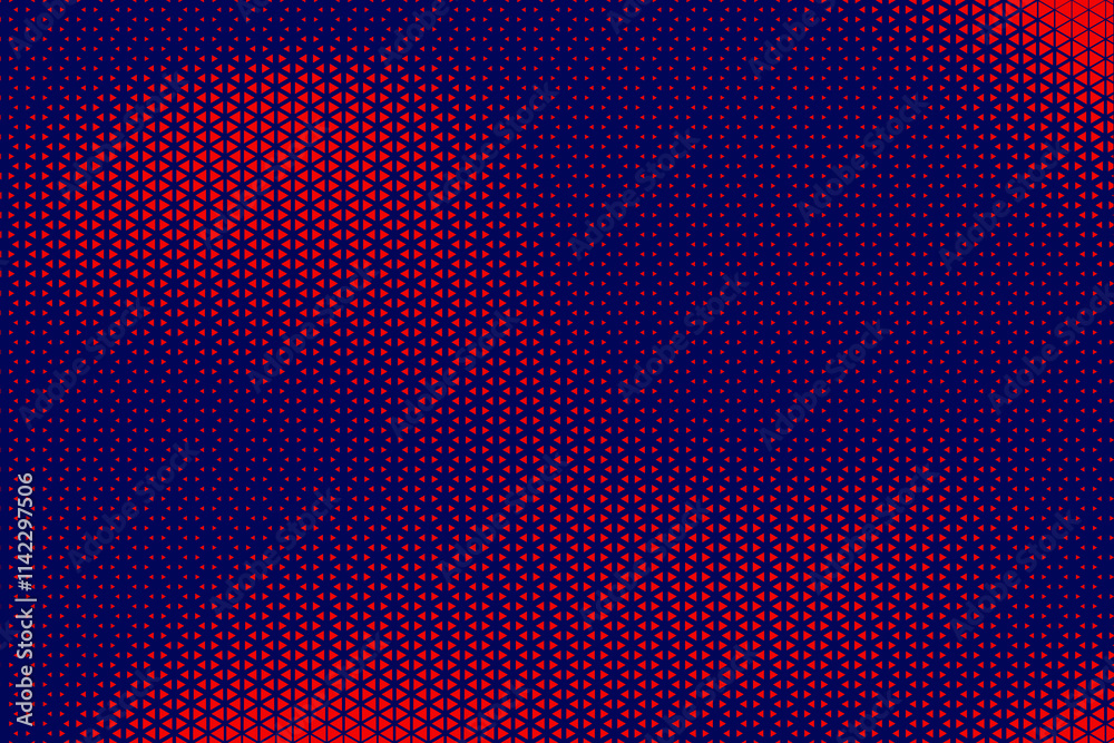Poster Abstract background with red triangle dots. Triangle halftone geometric background. Halftone triangular retro 80s pattern. Minimal style retro dynamic wallpaper.