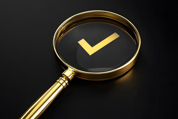 Golden magnifying glass with a checkmark on black background, concept of quality assurance, inspection, validation, approval, precision, verification, accuracy, and success